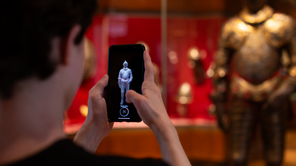 Scanning a suit of armor with Replica, a new app from the Metropolitan Museum of Art and Verizon on the Roblox platform. Photo courtesy of the Metropolitan Museum of Art, New York. 